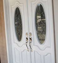 Front Entry Doors with leaded glass on display in A New View Showroom Anaheim