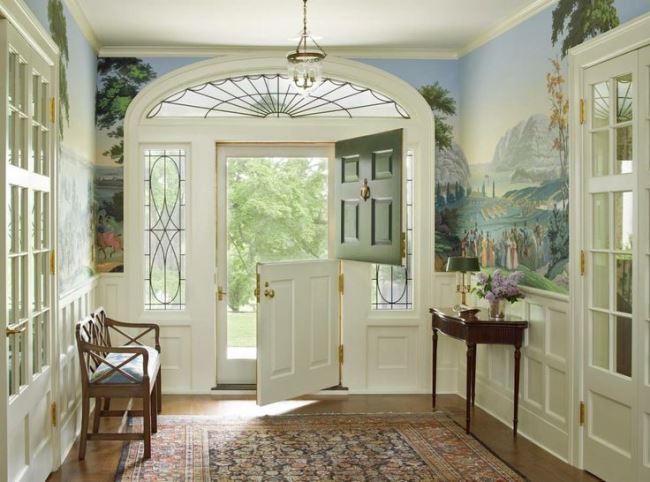 Beautiful Enchanting Entry featuring a Dutch Door with side lights and transom window lights