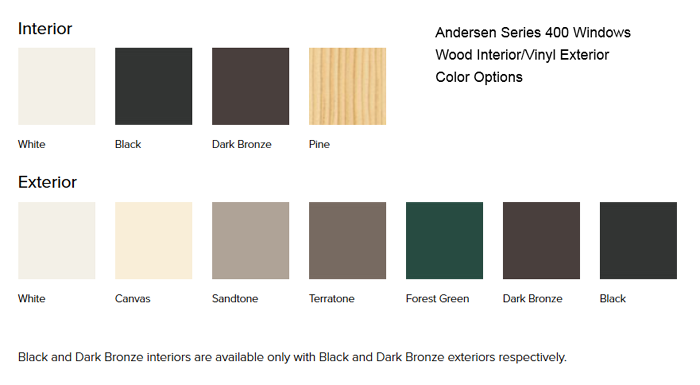 Andersen Series 400 Windows Wood Interior Vinyl Exterior Frame Color Options