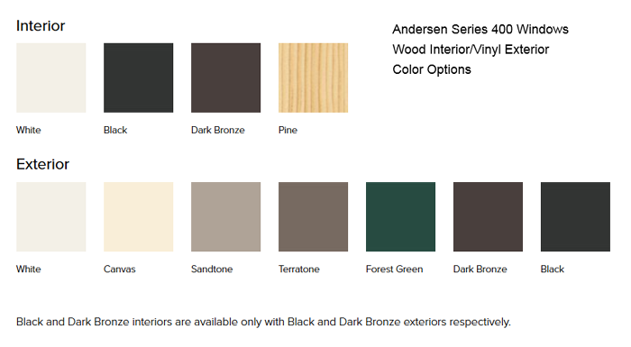 Andersen Series 400 Windows Wood Interior Vinyl Exterior – Color Options – 2 Andersen Series 400 Windows Wood Interior Vinyl Exterior Frame Color Options