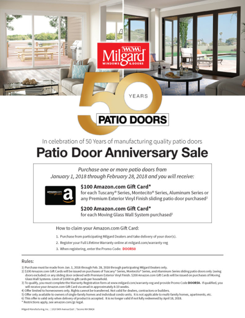 Milgard Patio Doors Anniversary Sale - Milgard Patio Door and Sliding Glass Wall System Promo - Feb 2018
